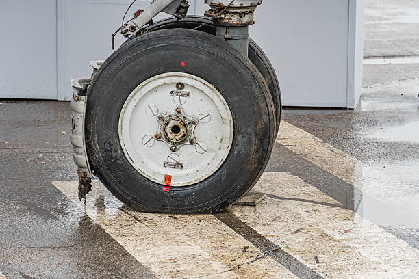 Vintage aircraft engine on a stand, black propeller blade, metal framework, gray surface with white lines, indoor or enclosed area, no people, artificial lighting, three-quarter front left perspectiv
