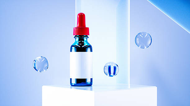 A clean and clinical 3D animation perfect for a cosmetic or pharmaceutical product mockup. A blue glass bottle with a dropper and a blank white label stands on a white pedestal. The scene is set against a modern, geometric blue-and-white background, with floating transparent spheres symbolizing hydration and scientific purity. This image is ideal for advertising skincare serums, essential oils, or medical products, conveying a sense of innovation, quality, and advanced formulation from the beauty and healthcare industry.