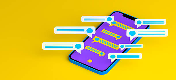 A vibrant and modern 3D animation visualizing a lively online conversation. A smartphone with a purple screen displays a series of chat messages, with additional speech bubble icons floating around it. Set against a bold yellow background, this conceptual image is a powerful metaphor for text messaging, social media engagement, and the constant flow of digital communication. It's an ideal graphic for topics related to technology, marketing, customer support, and the interconnected, fast-paced nature of online social life.