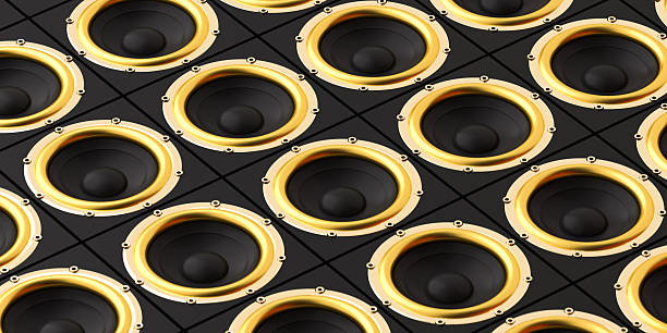 An opulent wall of sound, featuring a grid of powerful speakers with luxurious gold trim. This 3D render is a perfect background for music festivals, nightclubs, and live events, symbolizing high-fidelity audio, power, and a premium listening experience. The retro style combined with a modern pattern makes it a versatile graphic for themes of music, entertainment, and luxury audio equipment. The repetitive design creates a dynamic and energetic atmosphere, ideal for any project related to pop, disco, or electronic music.