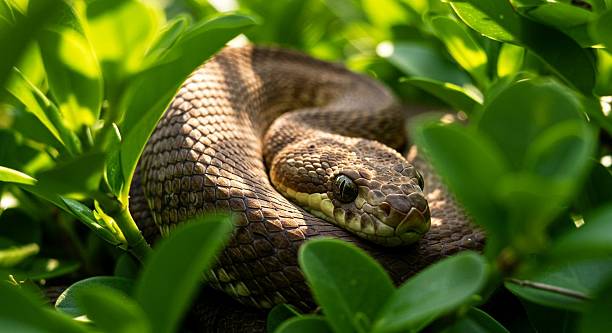 A close-up of a snake coiled among vibrant green leaves, highlighting its textured scales and natural habitat.