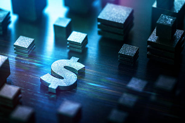 US dollar currency symbol over metallic blocks surface, representing fast money transfers and financial technology innovations.