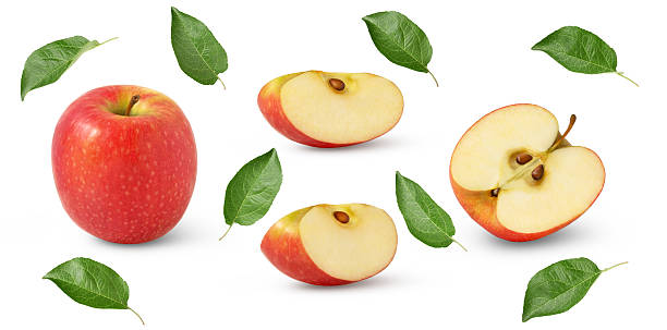 istock Red apples set isolated. Whole fruit , slices, half and leaves. Design elements with clipping path. 2217545427