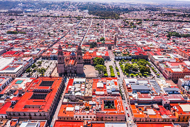 Aerial panoramic view of the city of Morelia, highlighting its historic center, a UNESCO World Heritage Site, where its cathedral stands out.