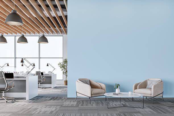 istock Modern Office Interior with Light Blue Wall and Minimalist Lounge Area 2217549452