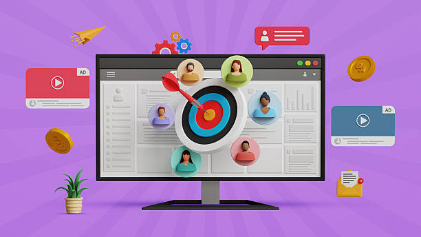 istock Target audience, targeted ads strategy, marketing segmentation, customer acquisition, online campaign, customer centric strategies concept. 3D computer screen with dartboard and target customers 2217552677