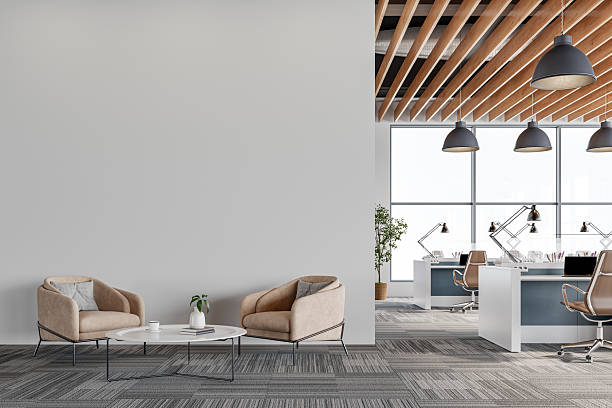 istock Modern Office Interior with Light gray Wall and Minimalist Lounge Area 2217554067