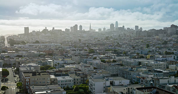 An aerial shot of the San Francisco skyline and the cityscape on a sunny day in Northern California.