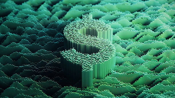 Dollar Currency Sign on abstract digital landscape - Digital Analytics - Blue, Pink - Technology, Big Data, Forecasting