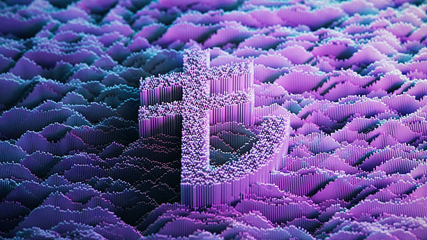 istock Turkish Lira Sign on abstract digital landscape - Digital Analytics - Blue, Pink - Technology, Big Data, Forecasting 2217572010