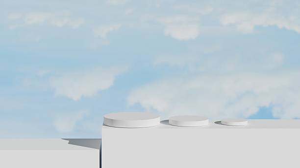 Minimal 3D white podium under vibrant blue sky fluffy clouds, perfect for summer themed product display with light and shadow, skincare ads or cosmetic branding mockup with clean seasonal aesthetic.