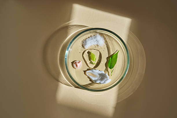 istock Various cosmetics in a petri dish on a beige background. 2217587704