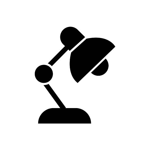 ilustraciones, imágenes clip art, dibujos animados e iconos de stock de elegante icono negro de una lámpara de escritorio con brazo ajustable y pantalla sobre un fondo blanco - lámpara angular