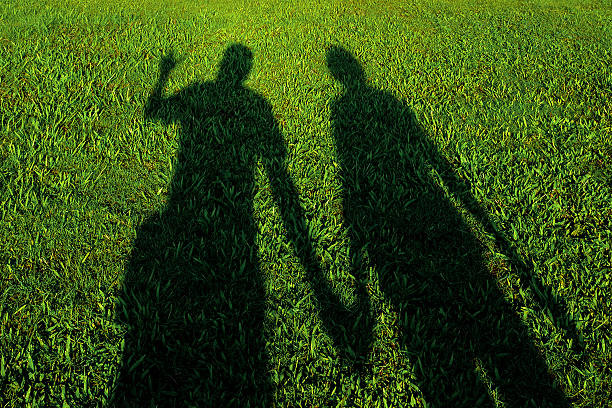 Two people shadows on the green grass.