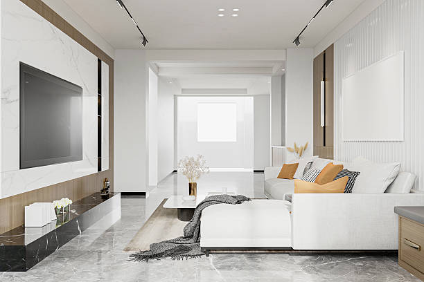 istock Modern Living Room Elegance: Stylish Sofa, Marble Accents, and Open Design 2217595182
