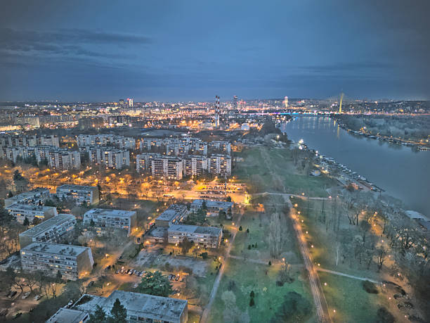 istock Illuminated city lights aerial panoramic view 2217599227