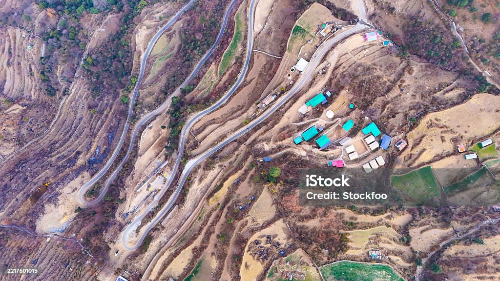 Aerial Drone View of Raithal Village Scenic Beauty of Uttarakhand Roads Color Image Stock Photo Aerial Drone View of Raithal Village Scenic Beauty of Uttarakhand Roads Color Image Stock Photo