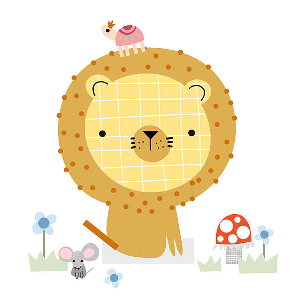 istock Cute lion, snail and mouse postcard happy birthday celebration with wild herbs, flowers vector art. 2217604140