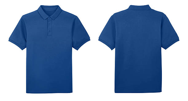 Blank collared blue shirt mock up template, front and back view, isolated on white background