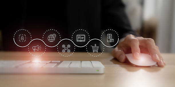 istock Digital marketing strategy concept. Target customer, buyer persona, customer analysis. Personalization marketing, customer centric strategies. Businessman using computer to analyze customer behaviors. 2217611139
