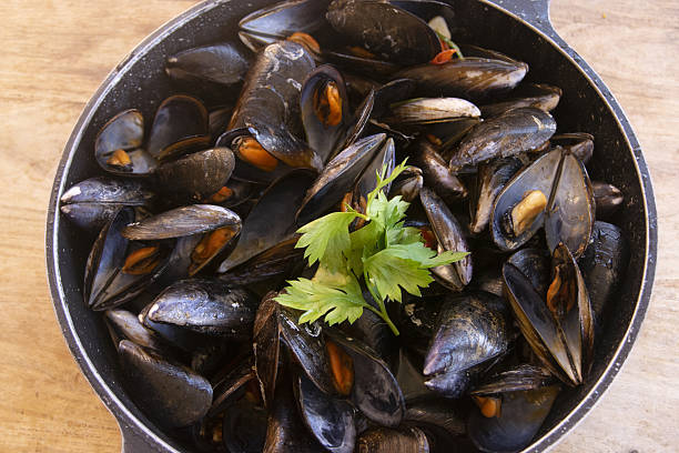 Delicious freshly steamed mussels in a dark cooking pan, garnished with fresh parsley, ready to be served