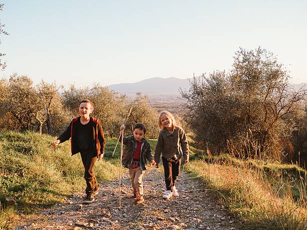 istock Children Hiking on Scenic Mountain Path in Autumn 2217623524