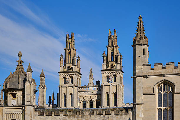 Oxford, UK - 2 April 2025: spires of college buildings against a blue sky