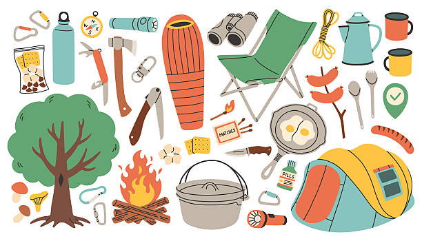 Camping and hiking simple set. Hand drawn elements outfit, tent, campfire, tree, sleeping bag. Perfect for scrapbooking, craft projects, posters, tags, sticker kit. Camping and hiking simple set. Hand drawn elements outfit, tent, campfire, tree, sleeping bag. Perfect for scrapbooking, craft projects, posters, tags, sticker kit. camping equipment stock illustrations