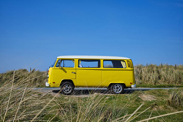 Touring camper van Tywyn, UK - 11 April 2025: yellow van against a blue sky campervan uk stock pictures, royalty-free photos & images