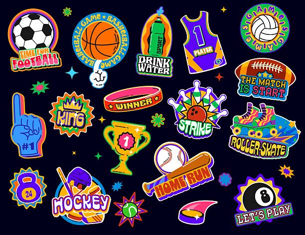Funky sporting y2k groovy stickers, sport retro labels. Vector sport game and fitness badges of retro y2k football, basketball and volleyball balls. Roller skaters, baseball bat and ball stickers set