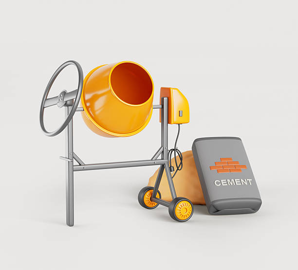 istock 3d concrete mixer with cement bag and yellow sand pile. Construction site equipment with electric motor, steel drum and cast iron ring gear. Building materials, isolated render set 2217631077