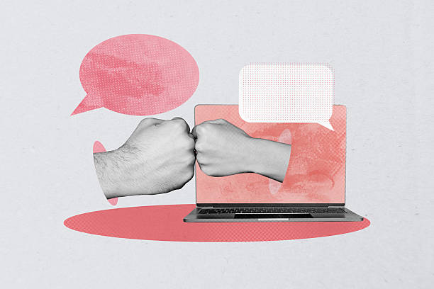 istock Template sketch image composite artwork collage of laptop display hand gesture fist support customer help quote sticker dialog note speech 2217635612