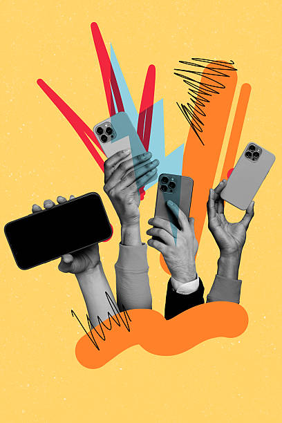 istock Pop zine sketch artwork collage of hands hold phone device cyberbully gadget problem social media strike hate stereotype 2217636335