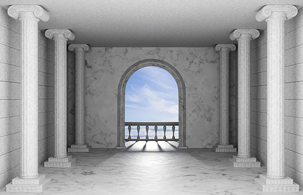 A corridor with columns and an arched exit to a terrace overlooking a cloudy sky. Antique background. 3d-rendering