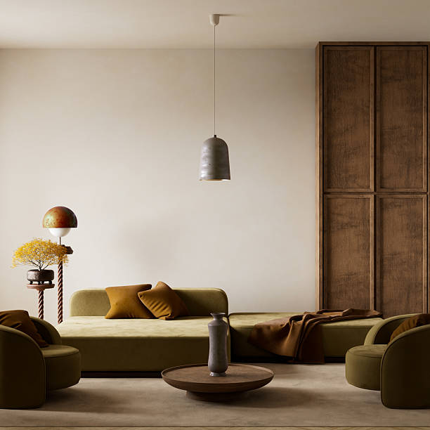 istock Tranquil earth toned living room with modern minimalist design. 3D illustration 2217646319