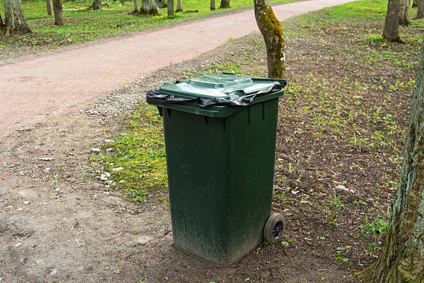 istock Green wheeled trash container with black bag stands on park path near trees, emphasizing environmental awareness and urban waste control. 2217648474
