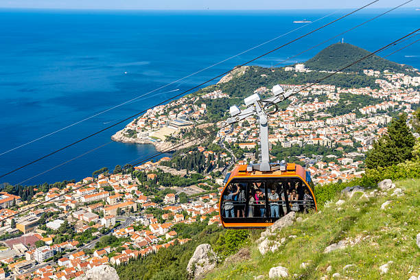 Dubrovnik, Croatia. 10 May 2025. People ride a cable car high above Dubrovnik