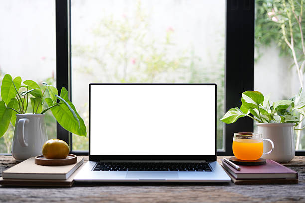 istock Laptop with white screen and Orange juice and potted plants, cozy indoor work space 2217658564