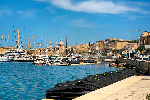 istock Malta Marina with Yachts, Covered Jet Skis and Valletta Skyline 2217664767