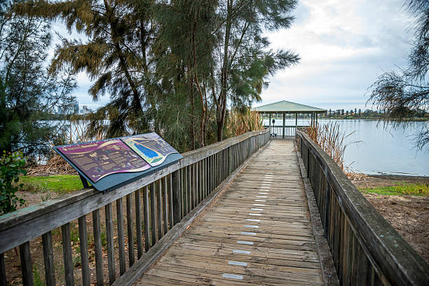 Scenic Wooden Walkway Leading to Lakeside Pavilion and Informational Sign with Park Map at Lake Monger, Perth, Australia, 24 April 2020