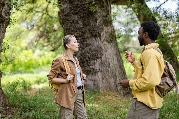 istock Friends engage in lively conversation while exploring a lush woodland trail during their hiking adventure 2217668227