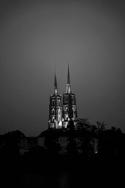 Night landscape with cathedral building in Ostrow Tumski in Wroclaw