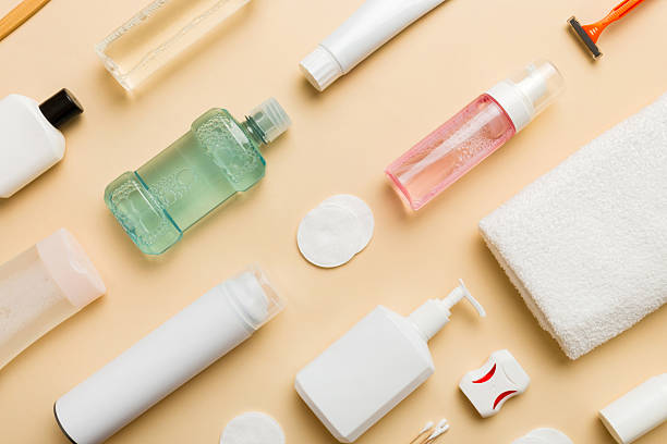 istock Mockup for bathing products top view flat lay, spa razor, toothpaste, soap, gel and other various accessories. Cosmetics for skin health. Bath Mockup for your logo 2217673470
