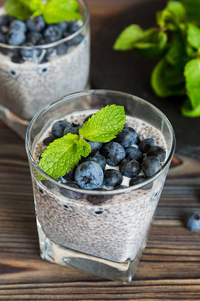 istock Healthy breakfast or morning with chia seeds vanilla pudding and blueberry berries on table background, vegetarian food, diet and health concept. Chia pudding with coconut milk and blueberry 2217673513