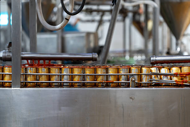 Canned food manufacturing process, metal cans moving along a conveyor belt while being filled with sauce. Canned fish industrial setting automation and food processing technology.