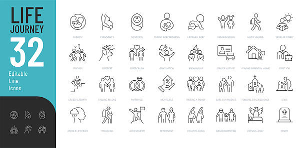ilustraciones, imágenes clip art, dibujos animados e iconos de stock de conjunto de iconos editables de life journey line. - edad humana