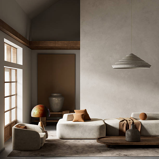 istock Modern minimalist living room with earthy elegance. 3D illustration 2217680935