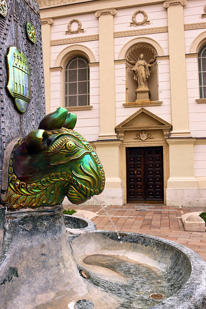 Zsolnay fountain close up in Pecs, Hungary