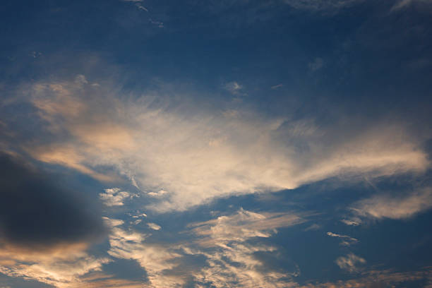A stunning sky filled with dramatic clouds at dusk, with golden light softly illuminating the horizon. Ideal for backgrounds, peaceful themes, and nature or weather-related projects.