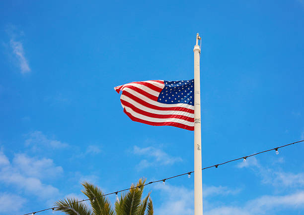istock american flag waving in blue sky 2217683562
